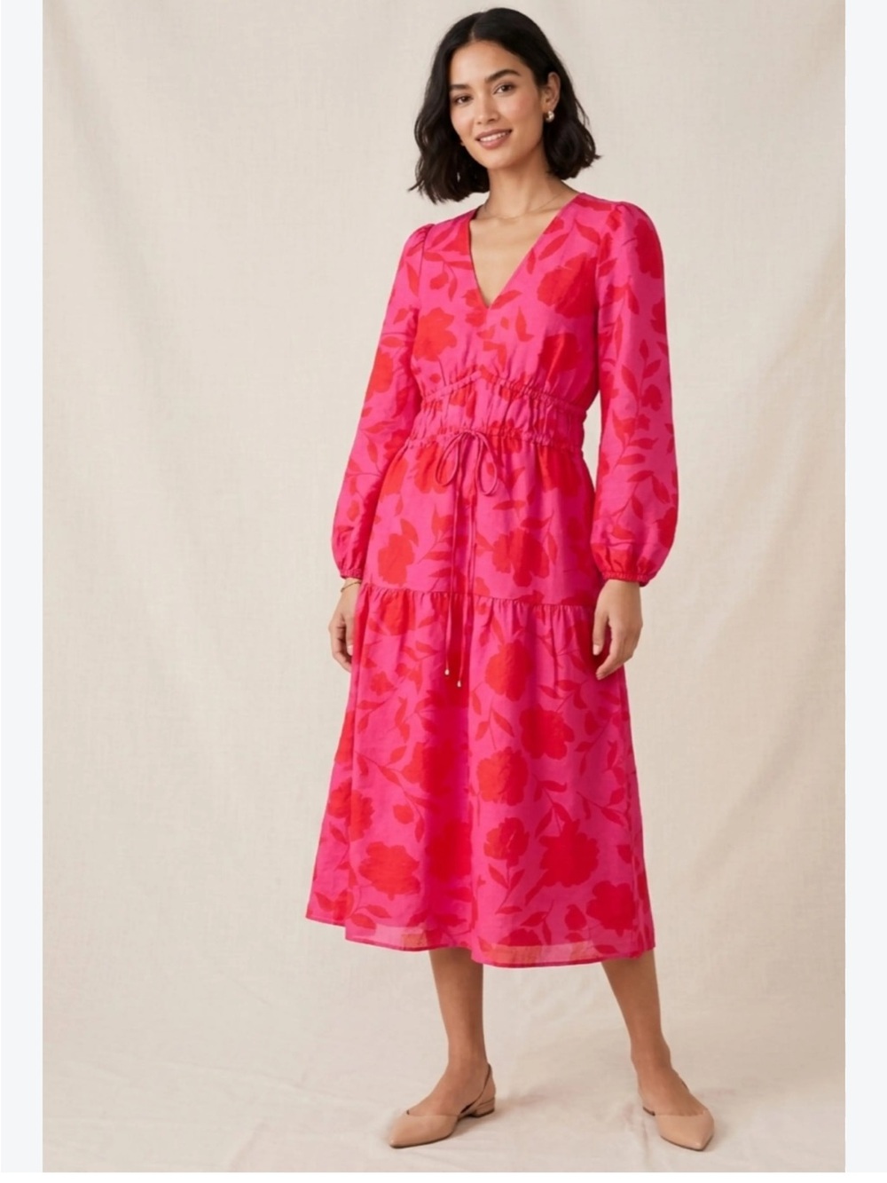 kate spade Bright Pink Floral V-Neck Midi Dress